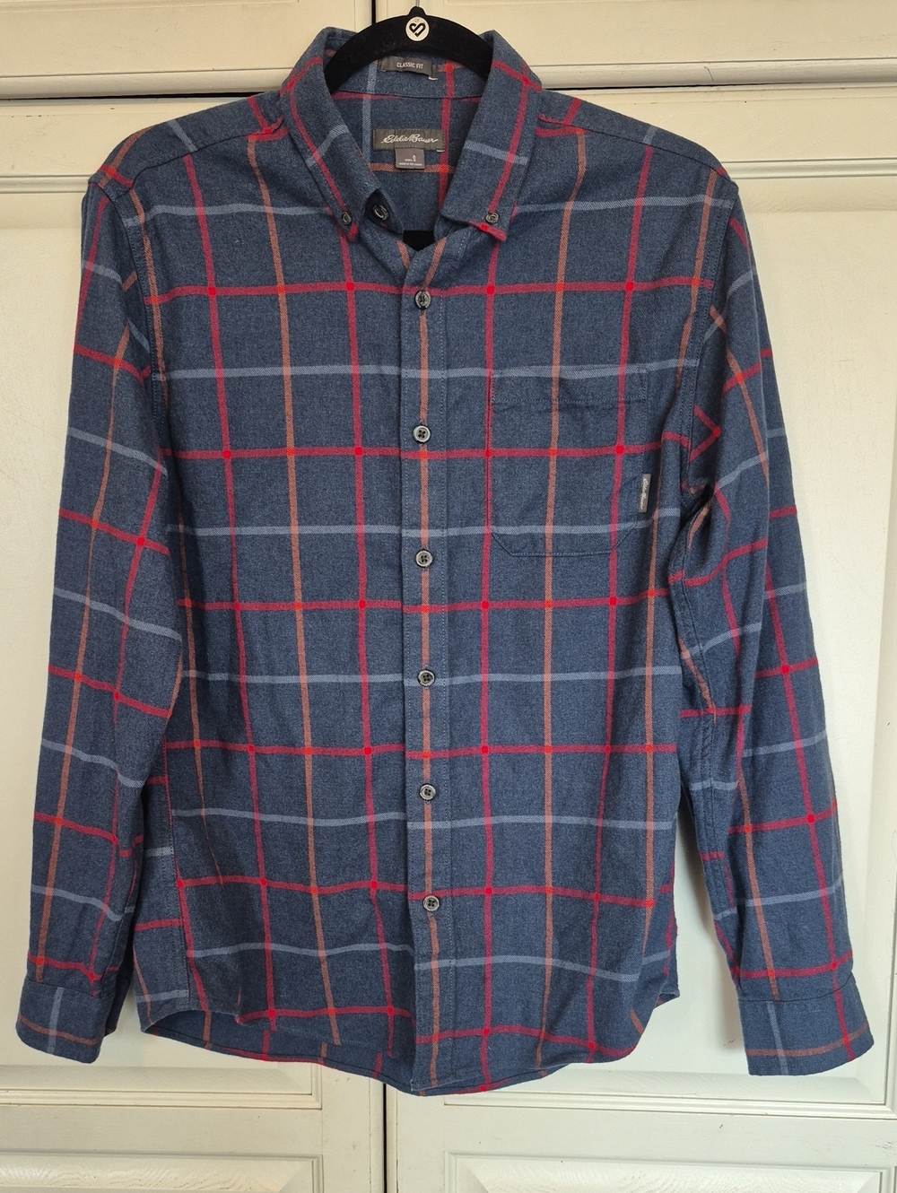 Eddie Bauer Blue Plaid Button-Down Shirt with Red and Gray Windowpane